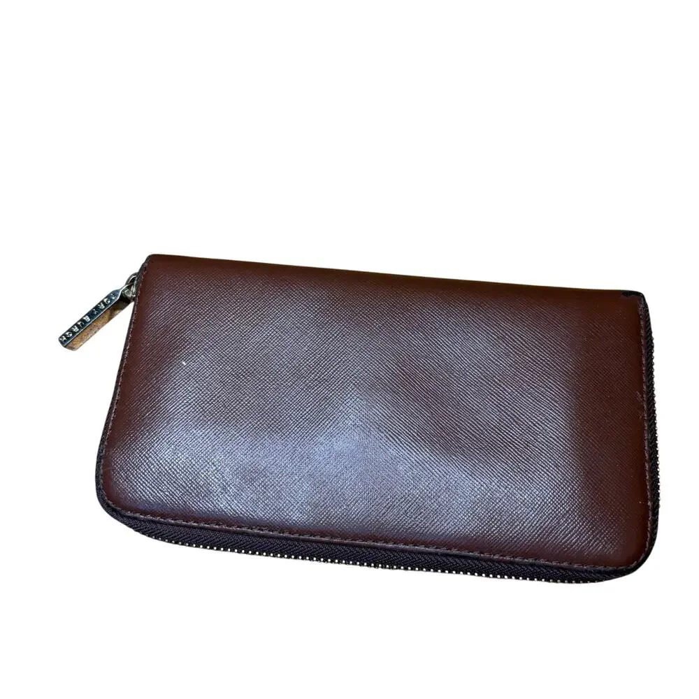Tory Burch Robinson Brown Saffiano Leather Zip Around Continental Wallet Women's